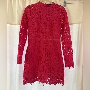 Aqua Red Lace Long-Sleeve Mini Dress